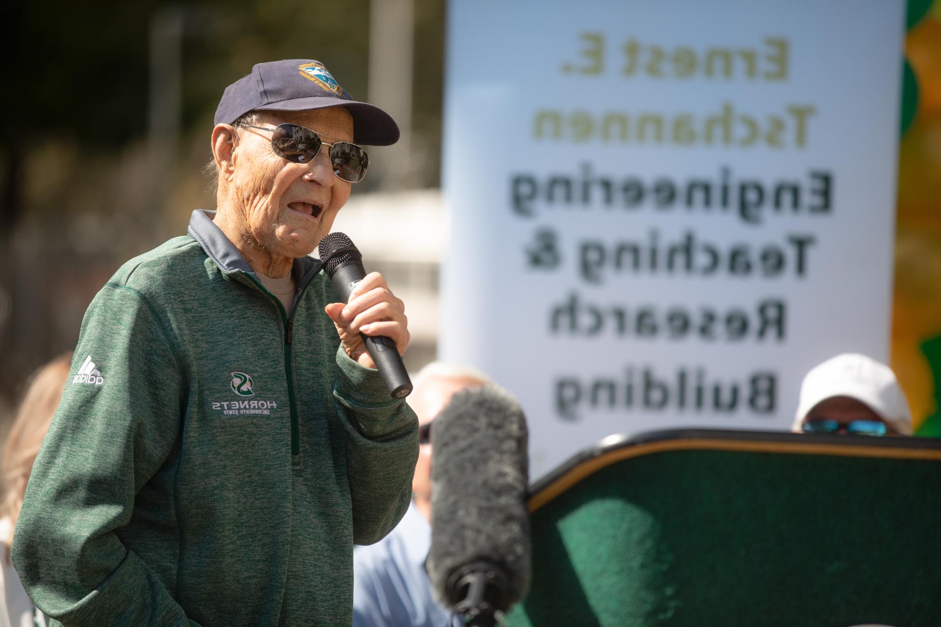 Ernest E. Tschannen speaking at the unveiling of the engineering plan